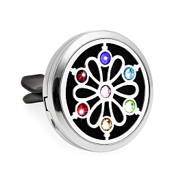 Flower Chakra Flat Round Alloy Rhinestone Car Air Vent Clips, Diffuser Locket Clip with Magnetic Lid, For Automobiles Accessories, Flower, 30mm