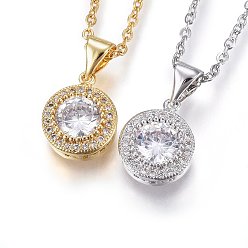 Mixed Color 304 Stainless Steel Pendant Necklaces, with Cubic Zirconia, Clear, Flat Round, Mixed Color, 17.71 inch(45cm)