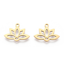 Real 18K Gold Plated 201 Stainless Steel Pendants, Laser Cut, Hollow, Lotus, Real 18K Gold Plated, 14x18.5x1mm, Hole: 1.6mm