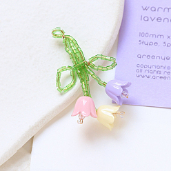 Pink Glass Seed Braided Beaded Pendants, with Plastic Flower Beaded, Tulip Flower Charms, Pink, 47x30mm