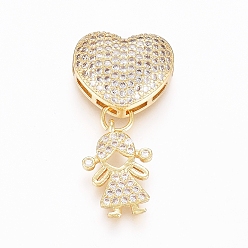 Golden Brass Micro Pave Clear Cubic Zirconia Pendants, Long-Lasting Plated, Heart & Girl, Golden, 13x15x6mm, Hole: 4x1mm, Girl: 15x12x1.5mm