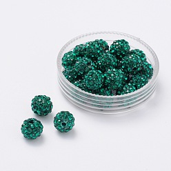 Emerald Pave Disco Ball Beads, Polymer Clay Rhinestone Beads, Grade A, Emerald, PP15(2.1~2.2mm), 14mm, Hole: 2mm