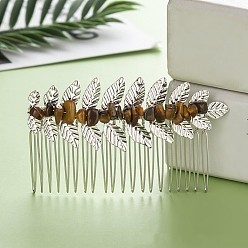 Tiger Eye Leaf Natural Tiger Eye Chips Hair Combs, with Iron Combs, Hair Accessories for Women Girls, 45x80x10mm