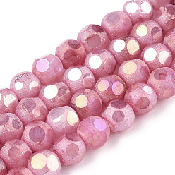 Flamingo Opaque Frosted Glass Beads Strands, AB Color Plated, Faceted, Round, Flamingo, 6.5x6mm, Hole: 1.5mm, about 70pcs/strand, 16.38 inch(41.6cm)