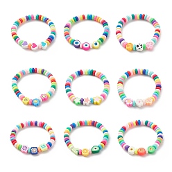 Mixed Color 9Pcs 9 Style Handmade Polymer Clay Beaded Stretch Bracelets Set, Heart & Flower & Star & Fuit Beads Stackable Bracelets  for Kids, Mixed Color, Inner Diameter: 2 inch(5cm), 1Pc/style