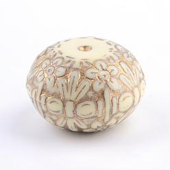 Beige Flat Round with Flower Plating Acrylic Beads, Golden Metal Enlaced , Beige, 21x14mm, Hole: 2mm, about 136pcs/500g
