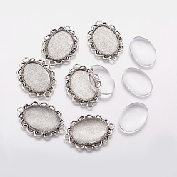 Antique Silver DIY Pendant Making, with Tibetan Style Alloy Pendant Cabochon Settings and Glass Cabochons, Cadmium Free & Lead Free, Oval, Antique Silver, 36x26x2mm, Hole: 3mm, Tray: 25x18mm
