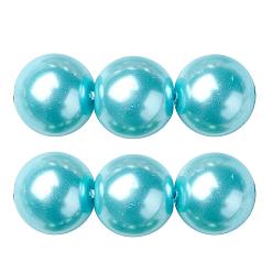 Cyan Brins de perles rondes en verre teinté écologique, Grade a, cordon en coton fileté, cyan, 14mm, Trou: 0.7~1.1mm, Environ 30 pcs/chapelet, 15 pouce
