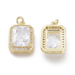 Real 18K Gold Plated Brass Micro Pave Cubic Zirconia Charms, with Jump Rings, Rectangle, Clear, Real 18K Gold Plated, 14.5x10x4.8mm, Hole: 1.6mm