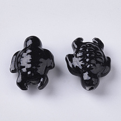 Noir Perles en porcelaine manuelles, style de porcelaine émaillée lumineux, tortue, noir, 19x15x8.5mm, Trou: 2mm