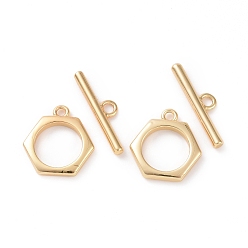 Real 18K Gold Plated Brass Toggle Clasps, Hexagon, Real 18K Gold Plated, Bar: 18.5x5x2mm, Hole: 2mm, Hexagon: 14x13.5x2mm, hole: 1.5mm