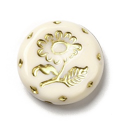 Old Lace Opaque Acrylic Beads, Golden Metal Enlaced, Flat Round with Flower, Old Lace, 18x4mm, Hole: 1.6mm, about 399pcs/500g