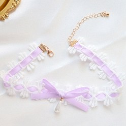 Violet Cloth Bowknot Choker Necklaces, with Imitation Pearl Beads, Violet, 11.81 inch(30cm)