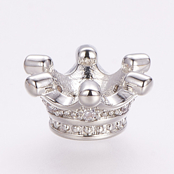 Platinum Brass Micro Pave Cubic Zirconia Beads, Crown, Platinum, 14x7mm, Hole: 5mm