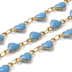 Sky Blue Ion Plating(IP) Golden 304 Stainless Steel Heart Link Chain, with Enamel, Soldered, Sky Blue, 10x5x2.7mm