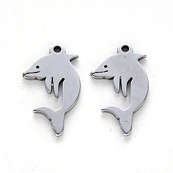 Stainless Steel Color 304 Stainless Steel Pendants, Laser Cut, Dolphin, Stainless Steel Color, 18x10x1mm, Hole: 1.2mm
