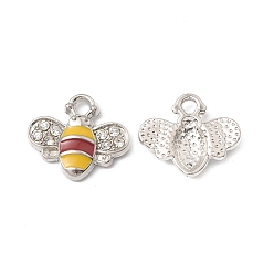 Dark Red Platinum Plated Alloy Enamel Charms, with Rhinestone, Bee Charm, Dark Red, 12.5x14.5x2.5mm, Hole: 1.8mm