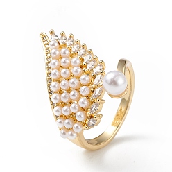Real 18K Gold Plated Clear Cubic Zirconia Wing Open Cuff Ring with Plastic Pearl Beaded, Rack Plating Brass Jewelry for Women, Lead Free & Cadmium Free, Real 18K Gold Plated, Inner Diameter: 17mm