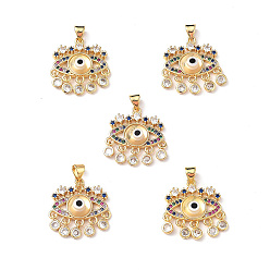 Clear Lampwork Evil Eye Pendants with Colorful Cubic Zirconia, Real 18K Gold Plated Brass Findings, Lead Free & Cadmium free, Clear, 27x22.5x4.5mm, Hole: 4x3.5mm