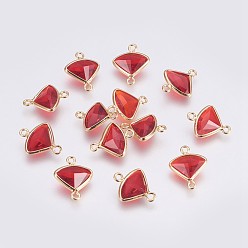 Red Brass Links connectors, Long-Lasting Plated, with Faceted Glass, Fan, Nickel Free, Real 18K Gold Plated, Red, 12x10x3mm, Hole: 1mm