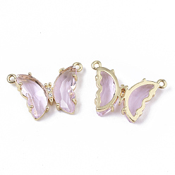 Pearl Pink Glass Pendants, with  Micro Pave Cubic Zirconia and Brass Open Back Settings, Faceted, Butterfly, Golden, Pearl Pink, 16.5x23.5x5.5mm, Hole: 1.2mm