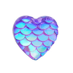 Mauve Resin Cabochons, Heart with Mermaid Fish Scale, Mauve, 12x12x3mm