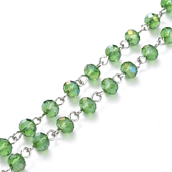 Lime Green Handmade Electroplate Glass Beaded Chains, with Platinum Plated Iron Eye Pin, Unwelded, Lime Green, 39.37 inch(100cm), Beads: 6x4.5mm