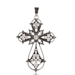 Cristal Aleación de cruz latina apretados grandes colgantes grandes gótico, con diamante de imitación, plata antigua, 53x37x4 mm, agujero: 4x7 mm