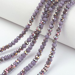 Plum Electroplate Opaque Glass Beads Strands, Half Rose Gold Plated, Faceted, Rondelle, Plum, 4x3mm, Hole: 0.4mm, about 123~127pcs/strand, 16.5~16.9 inch(42~43cm)
