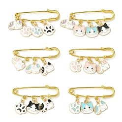 Mixed Color Cat & Paw Print Alloy Enamel Pendants Brooch Pin, Iron Safety Kilt Pin for Sweater Shawl, Mixed Color, 33.5~34mm, 6 styles, 1pc/style, 6pcs/set
