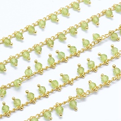 Peridot Natural Peridot Handmade Beaded Chains, Soldered, Lead Free & Cadmium Free, with Brass Findings, Real 18K Gold Plated, Long-Lasting Plated, Faceted Round, 6~7x2~3mm