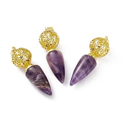 Amethyst Natural Amethyst Big Pendants, Cone Charms with Rack Plating Brass Hollow Ball, Golden, Cadmium Free & Lead Free, 57~58x17.5~18mm, Hole: 8x5mm