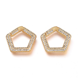 Clear Brass Micro Pave Cubic Zirconia Spring Gate Rings, Pentagon, Golden, Clear, 19.5x20x3.5mm, Inner diameter: 12.5x13.5mm