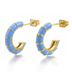 Deep Sky Blue Brass Stud Earrings, Half Hoop Earrings, with Enamel and Earring Backs, Real 18K Gold Plated, Bamboo Shape, Deep Sky Blue, 21x16.5x3.5mm, Pin: 0.7mm