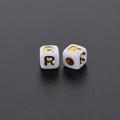 Letter R Opaque White Acrylic Beads, Metal Enlaced, Cube with Letters, Letter.R, 4.5mm, Hole: 2mm, about 5000pcs/500g