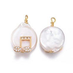 Clear Natural Cultured Freshwater Pearl Pendants, with Brass Micro Pave Cubic Zirconia Findings, Nuggets with Musical Note, Golden, Clear, 17~26x11~16x5~11mm, Hole: 1.6~2mm