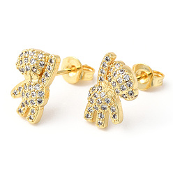 Real 18K Gold Plated Clear Cubic Zirconia Bear Stud Earrings, Rack Plating Brass Jewelry, Lead Free & Cadmium Free, Real 18K Gold Plated, 12x7mm, Pin: 0.8mm