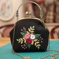 Black DIY Kiss Lock Coin Purse Embroidery Kit, Including Embroidered Fabric, Embroidery Needles & Thread, Metal Purse Handle, Flower Pattern, Black, 210x165x40mm