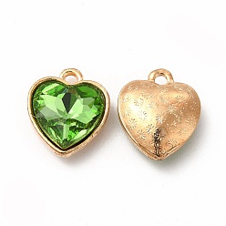 Verdemar Medio Colgantes de diamantes de imitación de cristal facetado, con hallazgos de aleación de zinc de tono dorado, encantos del corazón, verde mar medio, 16.5x14x6.5 mm, agujero: 1.6 mm