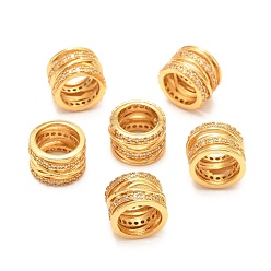 Real 18K Gold Plated Brass Micro Pave Clear Cubic Zirconia European Beads, Long-Lasting Plated, Large Hole Bead, Column, Real 18K Gold Plated, 10x7mm, Hole: 7mm