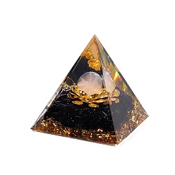 Obsidiana Decoraciones de exhibición de resina de pirámide de orgonita, con hoja de oro y chips de obsidiana natural y ágata blanca natural en el interior, para el escritorio de la oficina en casa, 50x50x51.5 mm