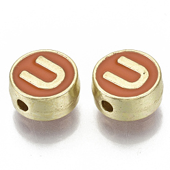 Letter U Alloy Enamel Beads, Cadmium Free & Nickel Free & Lead Free, Flat Round with Initial Letters, Light Gold, Letter.U, 8x4mm, Hole: 1.5mm