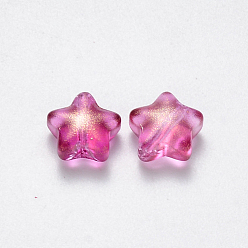 Pourpre Perles de verre imprimées , avec de la poudre de paillettes, étoiles, fuchsia, 8x8.5x4mm, Trou: 1mm