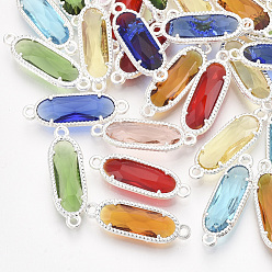 Mixed Color Glass Links, with Silver Color Plated Eco-Friendly Alloy Findings, Faceted, Oval, Mixed Color, 21x7x3mm, Hole: 1.2mm