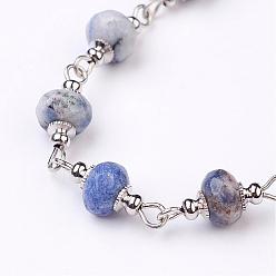 Jaspe Avec Point Bleu Chaînes en perles de jaspe fait main tache bleue, non soudée, pour colliers bracelets de décision, avec épingle à oeil en fer platine, 1 m, perles: 8 mm