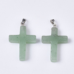 Green Aventurine Natural Green Aventurine Pendants, with Stainless Steel Peg Bails, Cross, Stainless Steel Color, 29~30x18.5x4.5mm, Hole: 5.5x2mm