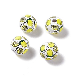 Lemon Fruit Printed Wood European Beads, Large Hole Bead, Round, Yellow, Lemon Pattern, 16x14.5mm, Hole: 4.2mm