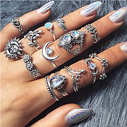 Antique Silver 14Pcs 14 Style Rhinestone Finger Rings Set, Flower & Leaf & Moon & Crown Alloy Stackable Rings for Women, Antique Silver, Inner Diameter: 16~20mm, 1Pc/style