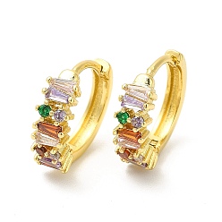 Colorful Cubic Zirconia Trapezoid Hoop Earrings, Real 18K Gold Plated Brass Jewelry for Women, Cadmium Free & Nickel Free & Lead Free, Colorful, 13x14x2.5~4.5mm, Pin: 1mm