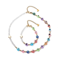 Coloré Bracelet et collier en perles de mauvais œil en cristal de quartz naturel et résine, 304 ensemble de bijoux croix en acier inoxydable pour femmes, colorées, 15-5/8 pouce (39.7 cm), 7 pouce (17.6 cm)